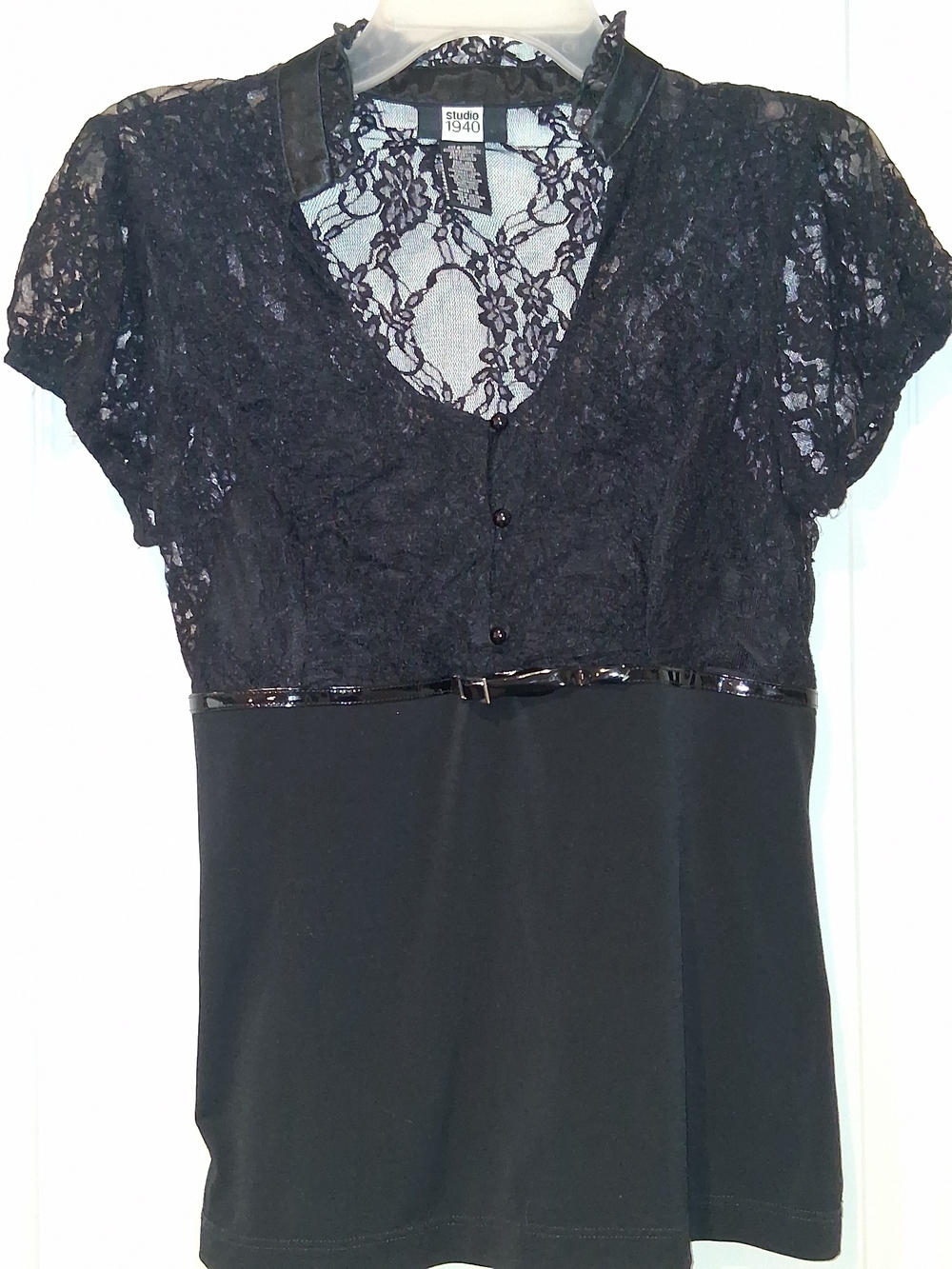 Studio 1940 Black Lace Top with Patent Trim